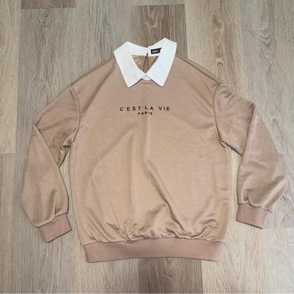 Cést La Vie Paris Tan & White Collared Long Sleeve Shirt by SHEIN - Size XS - Picture 2 of 7